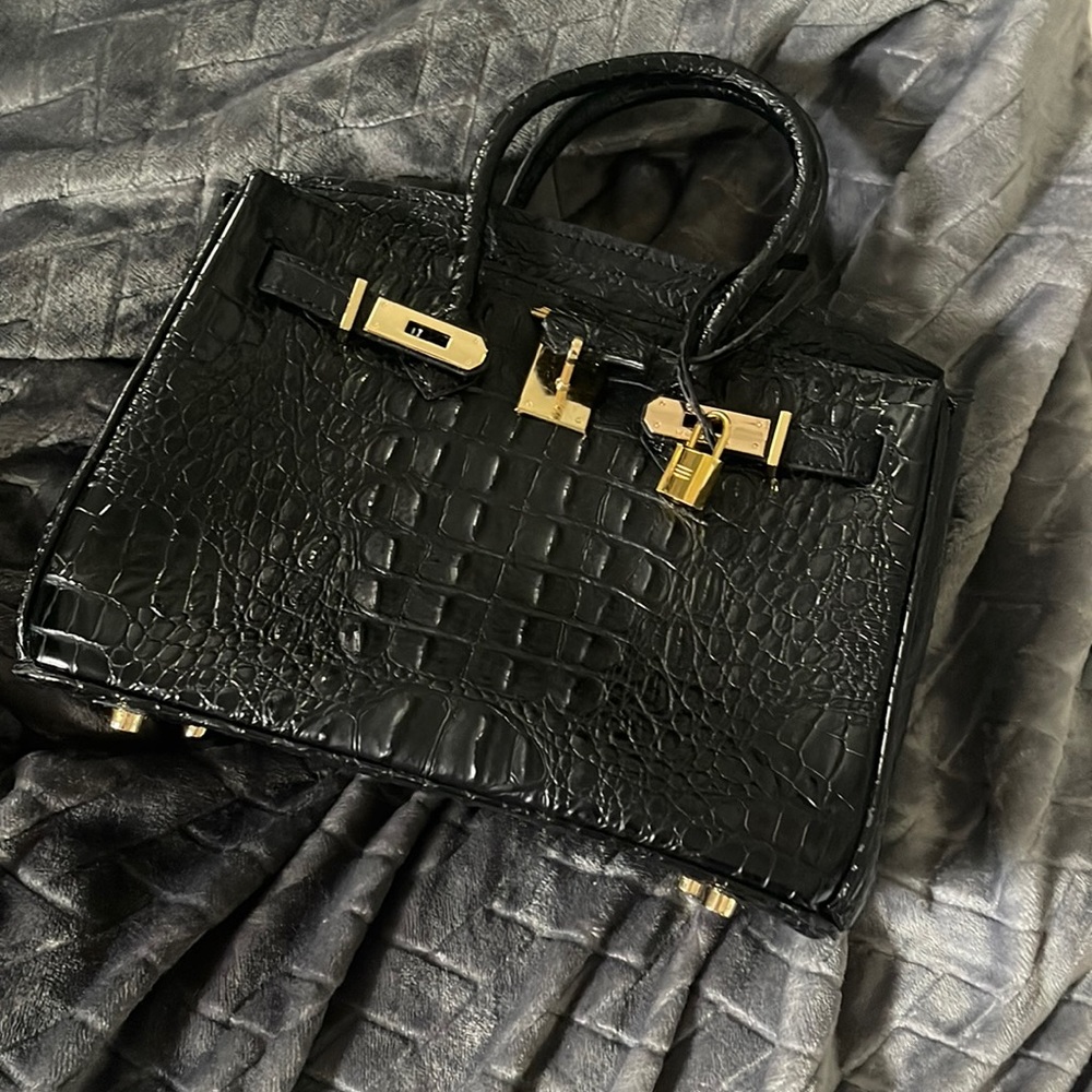 Black faux croc B bag with gold hardware